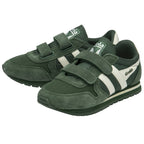 Pair of green Gola trainers with white stripes and two velcro straps, from an angled view.