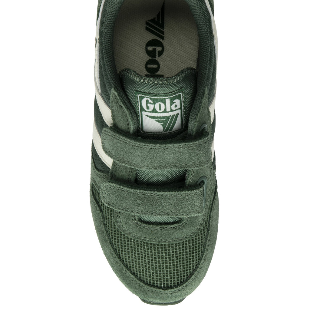 Top-down view of a single green Gola trainer with white stripes and two velcro straps.