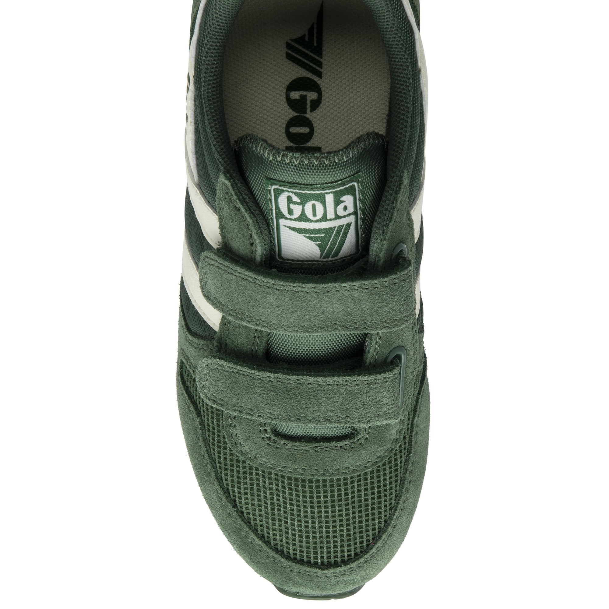 Top-down view of a single green Gola trainer with white stripes and two velcro straps.