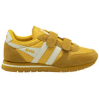 A single yellow Gola trainer for children with white stripes and velcro straps on a white background.