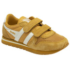 A single Gola trainer in mustard yellow with three white stripes and velcro closure on a white background.