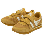 Two yellow Gola children's trainers with white stripes and velcro fasteners are seen on a white background.