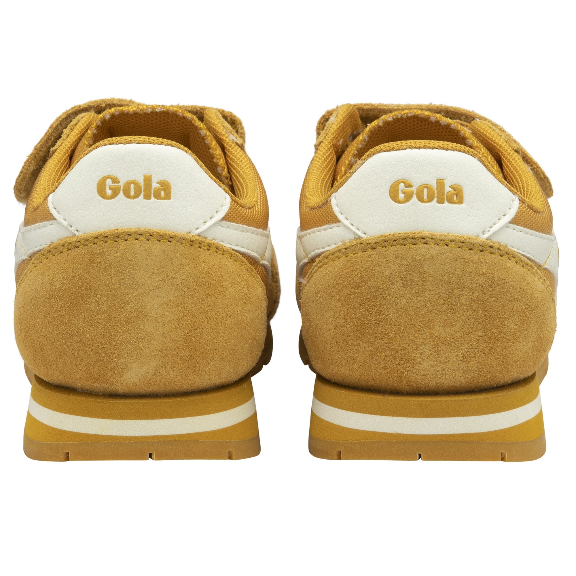 Rear view of two yellow Gola children's trainers with white details on a white background.