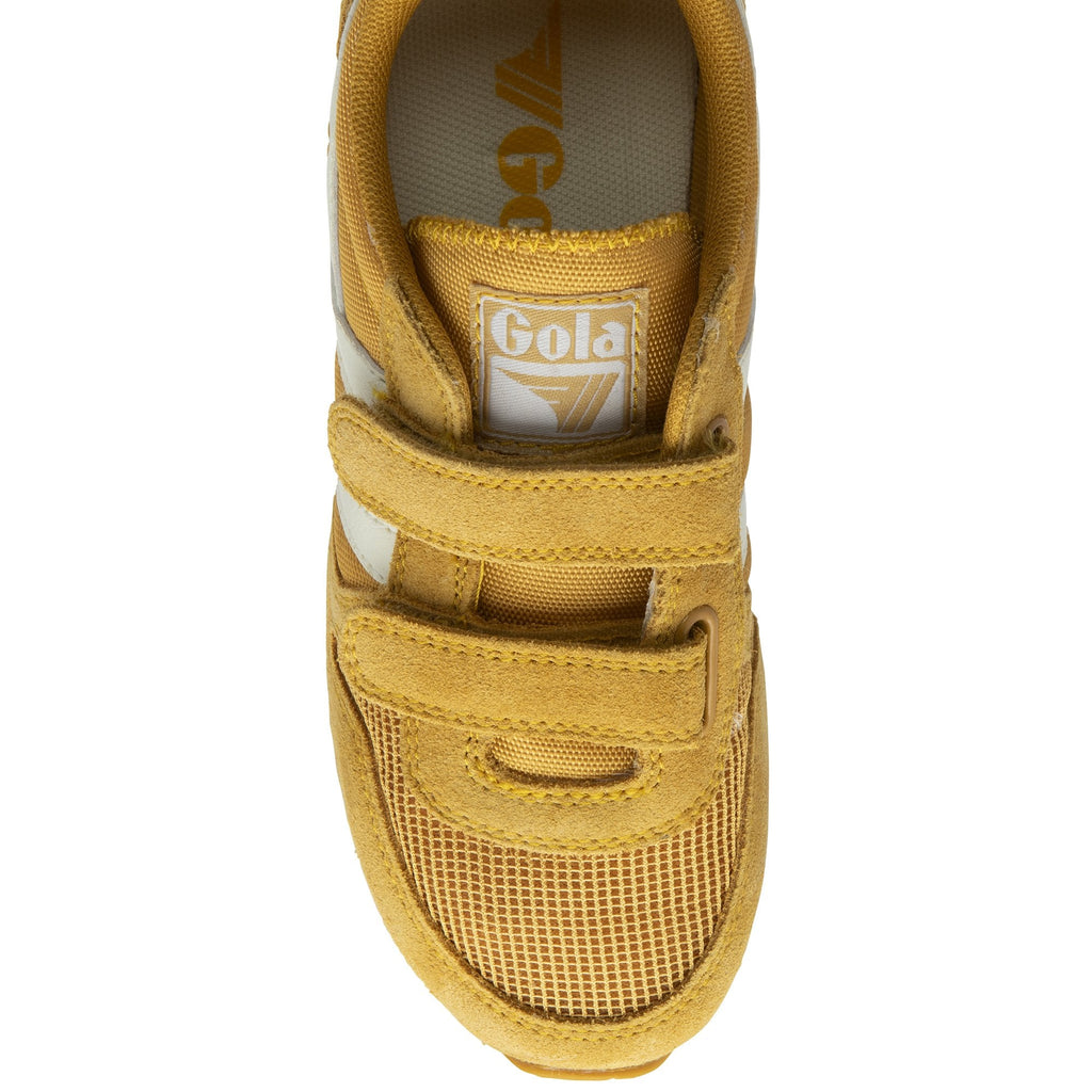 Top-down view of a yellow Gola trainer with white stripes and velcro straps on a white background.