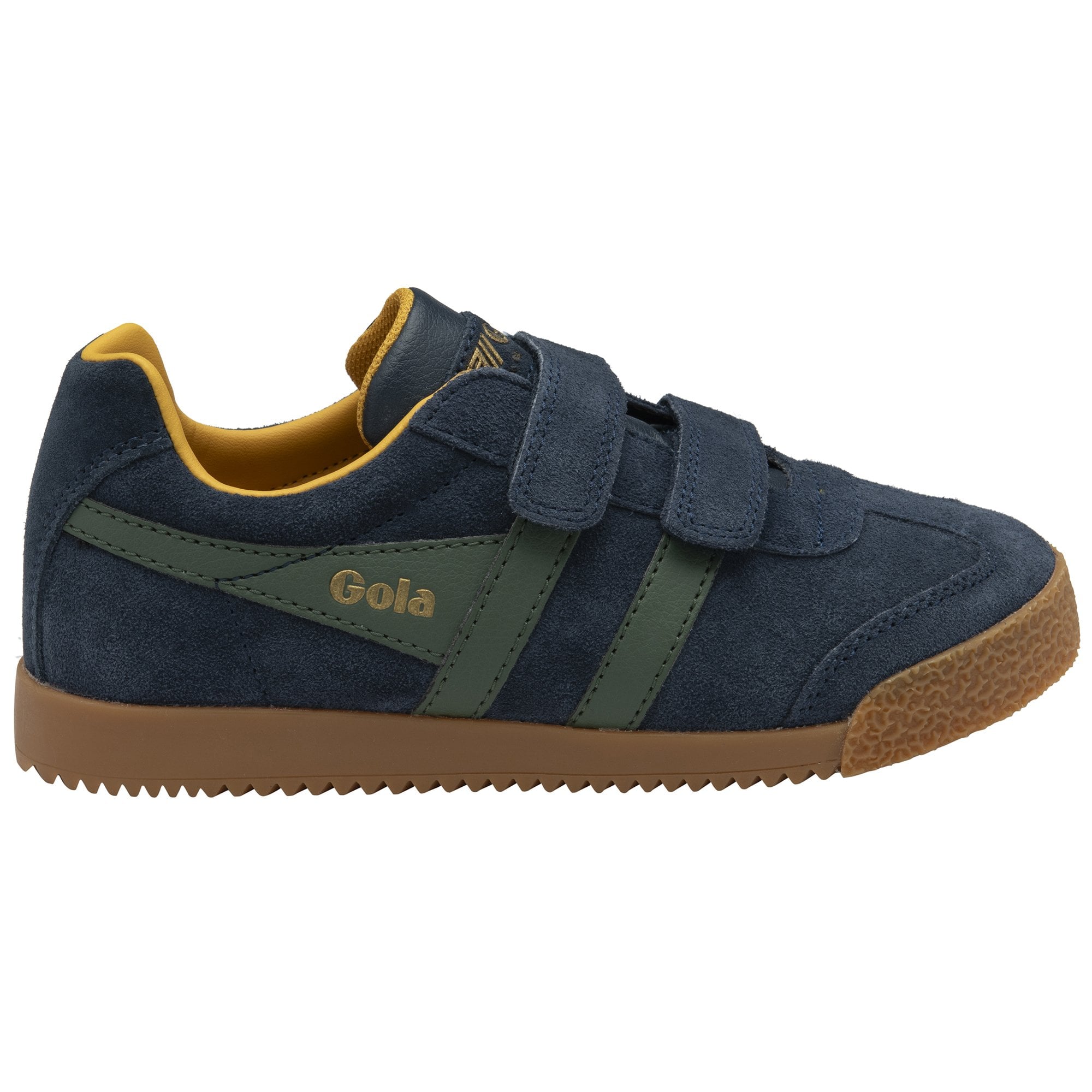 A single navy blue and olive green Gola Harrier T-bar shoe with two Velcro straps, right side.