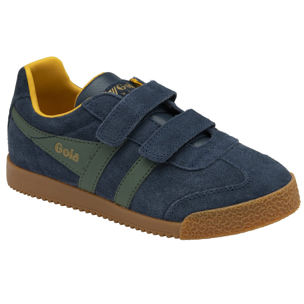 A single navy blue and olive green Gola Harrier T-bar shoe with two Velcro straps, angled view.