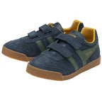 A pair of navy blue and olive green Gola Harrier T-bar shoes with two Velcro straps, angled view.