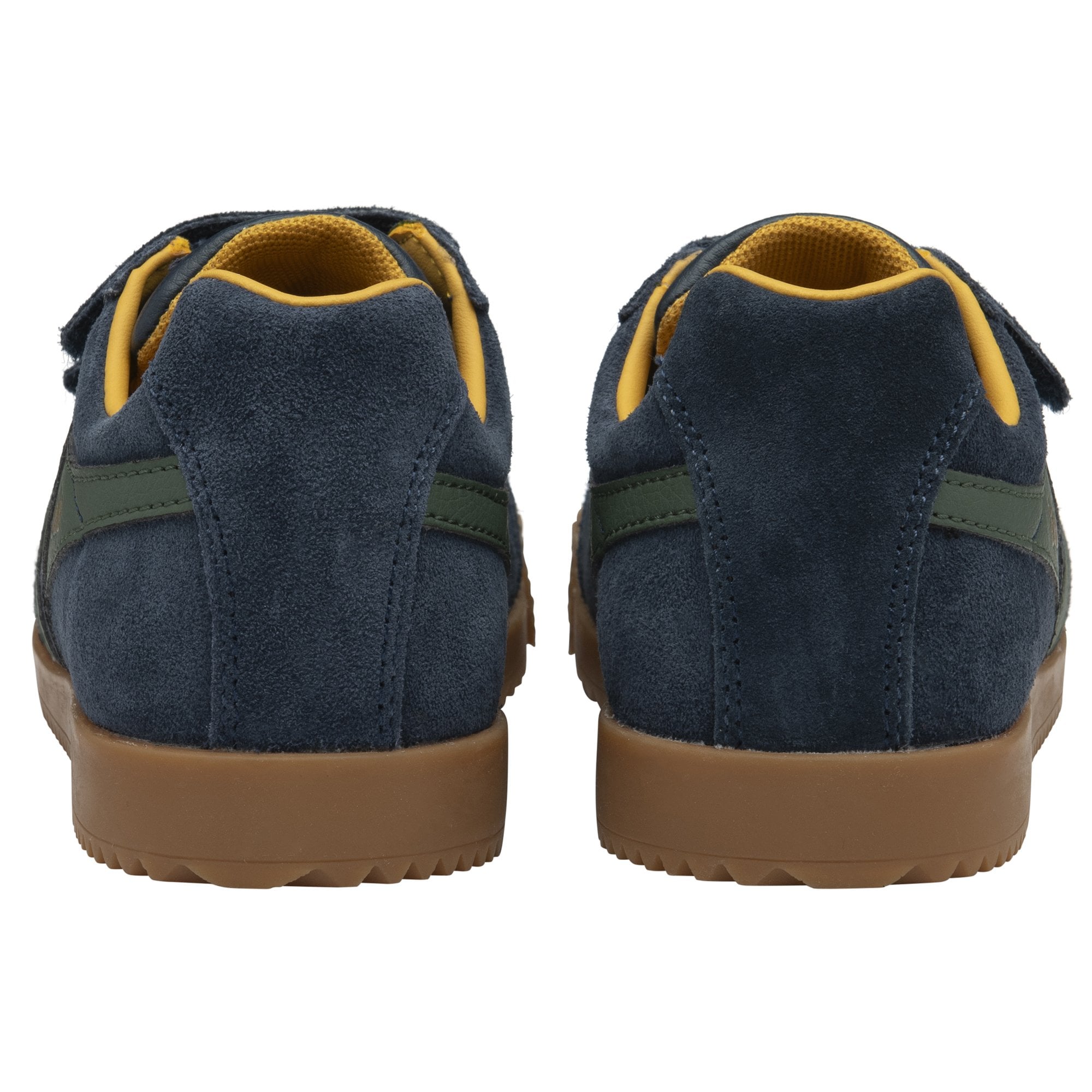 A pair of navy blue and olive green Gola Harrier T-bar shoes with two Velcro straps, from behind.