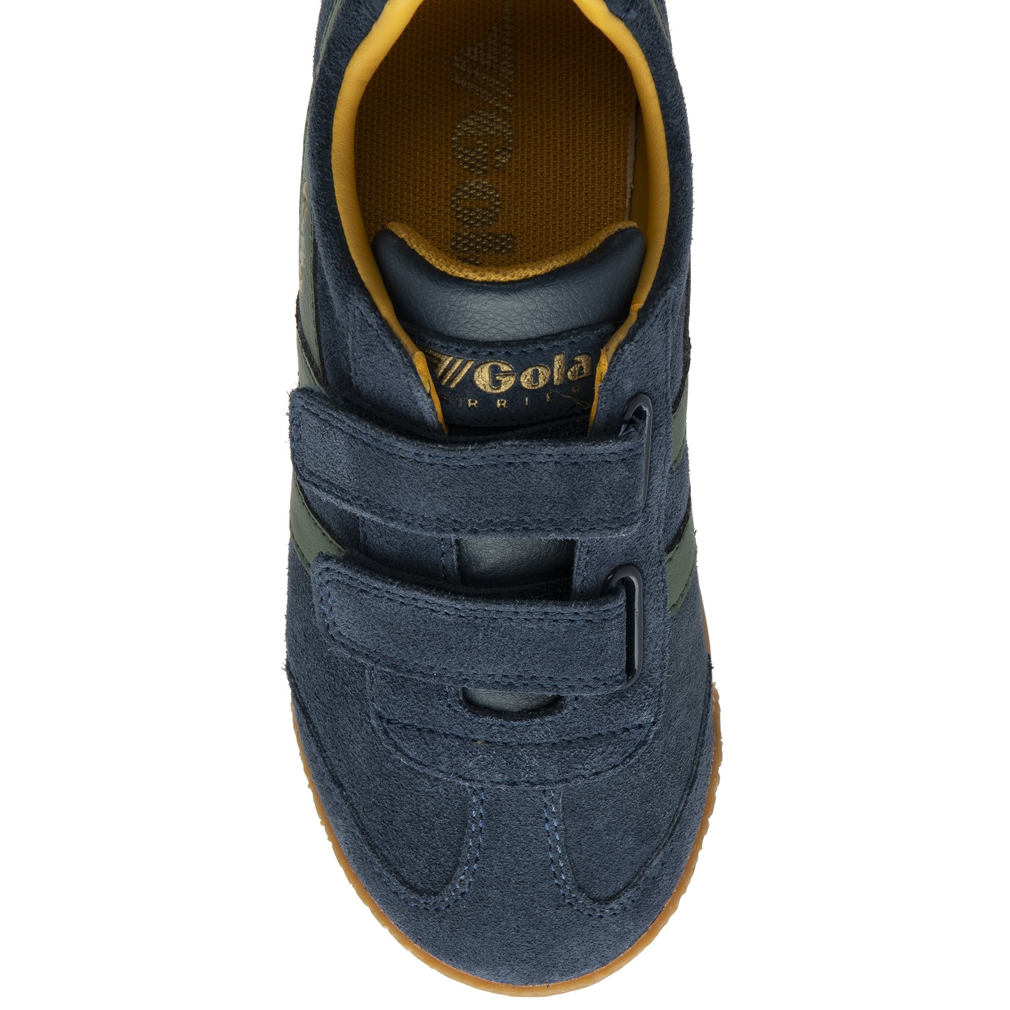 A single navy blue and olive green Gola Harrier T-bar shoe with two Velcro straps, from above.
