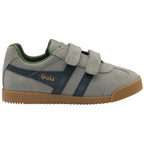A grey Gola sneaker with two blue stripes and three velcro straps. The sole is brown.