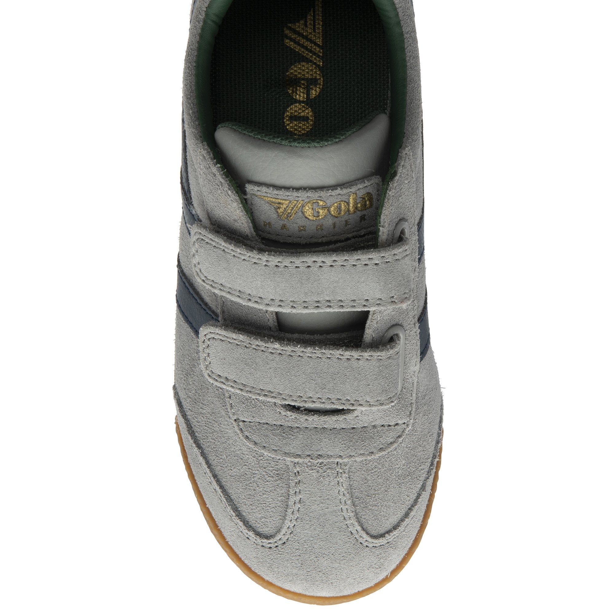 The top-down view of a grey Gola sneaker with two blue stripes and three velcro straps.