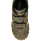A single Gola kids' Comet V shoe in green and yellow, viewed from above.