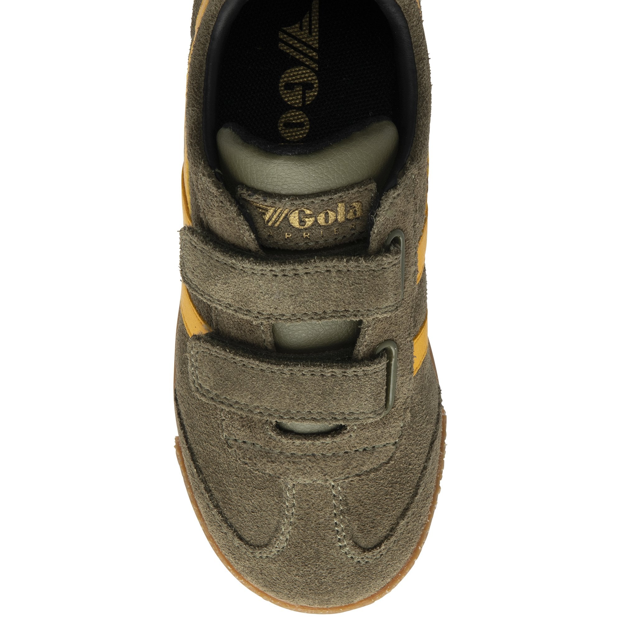 A single Gola kids' Comet V shoe in green and yellow, viewed from above.