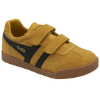 A front-facing view of a mustard yellow Gola trainer with black stripes and Velcro straps.