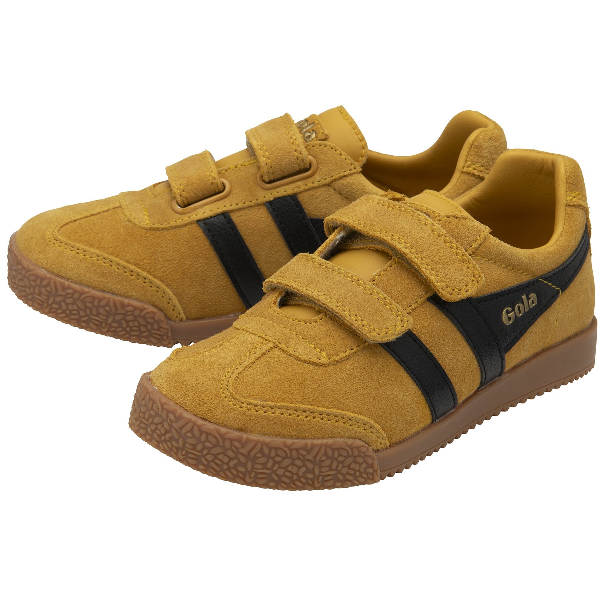A pair of mustard yellow Gola trainers with black stripes and Velcro straps.
