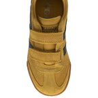 A top-down view of a mustard yellow Gola trainer with black stripes and Velcro straps.
