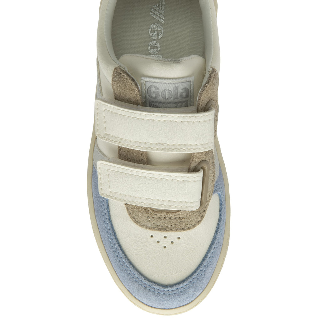 Top-down view of a white, blue, and brown Gola sneaker with two white straps.