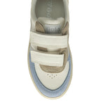 Top-down view of a white, blue, and brown Gola sneaker with two white straps.