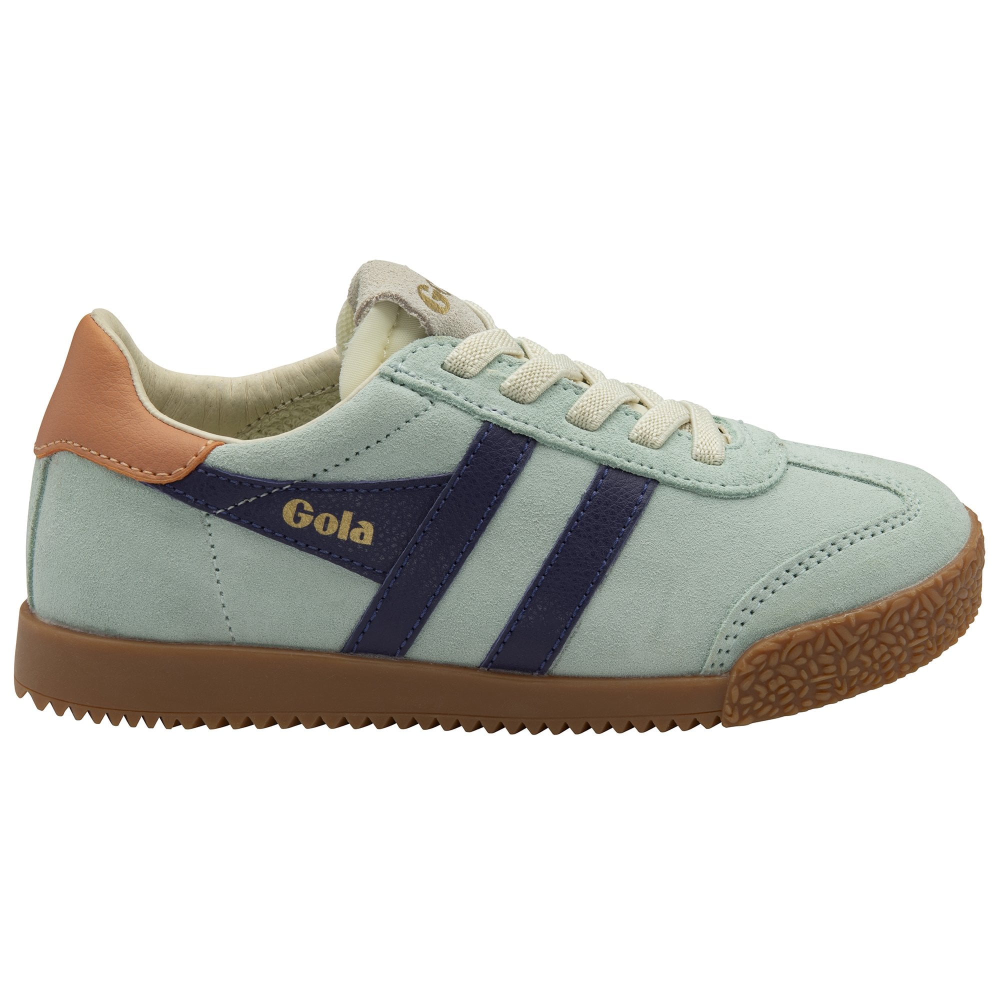 A pale blue Gola trainer with navy stripes, light laces, and a brown heel accent. Left side view.