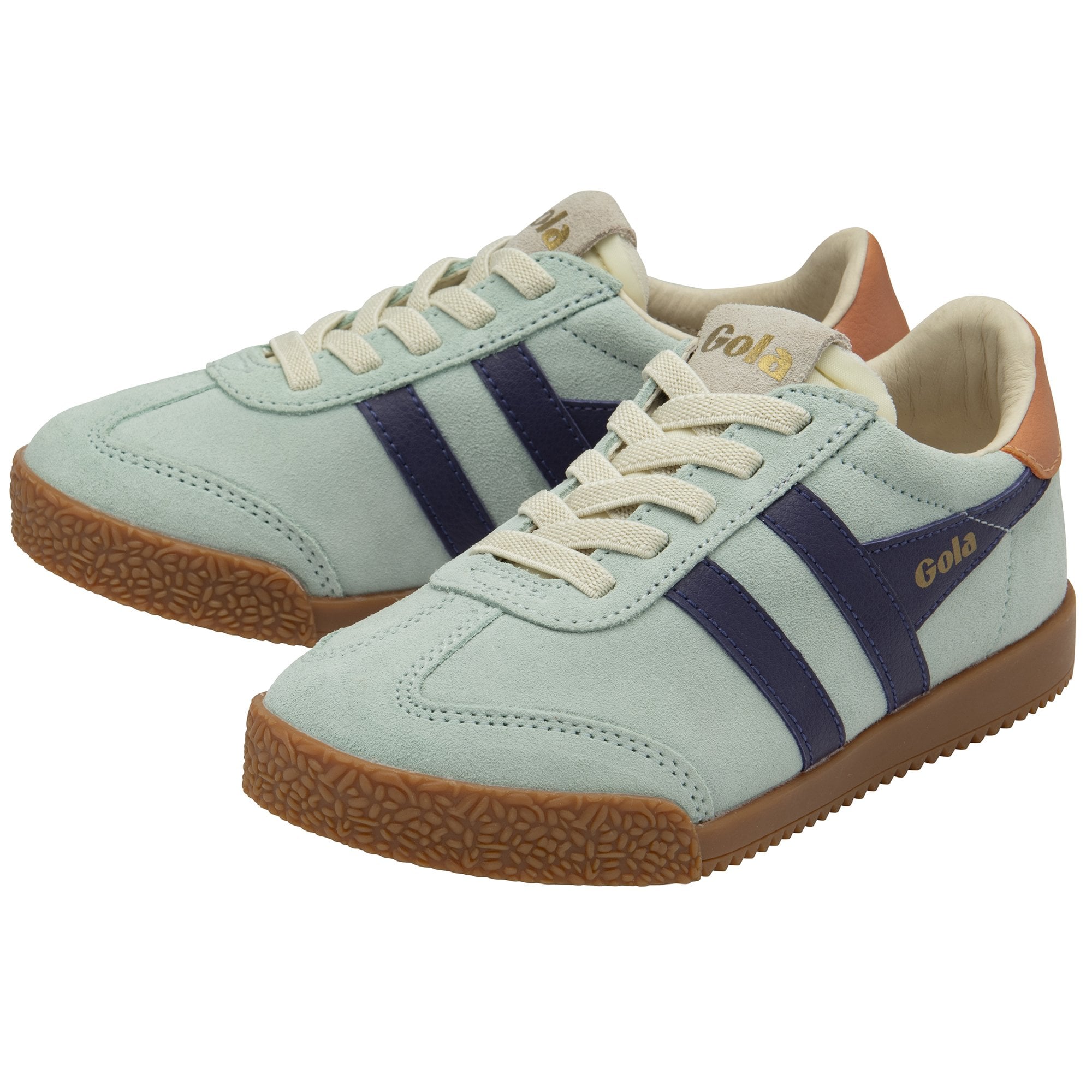 A pair of pale blue Gola trainers with navy stripes, light laces, and brown heel accents.