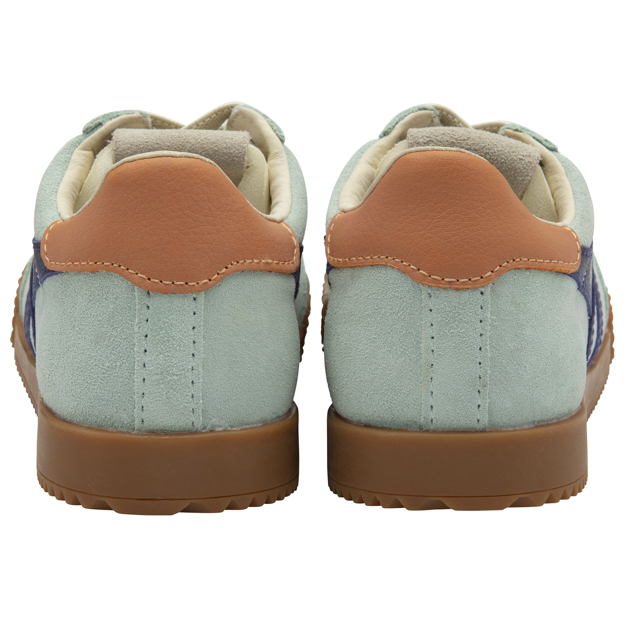 Rear view of a pair of pale blue Gola trainers with brown heel accents.