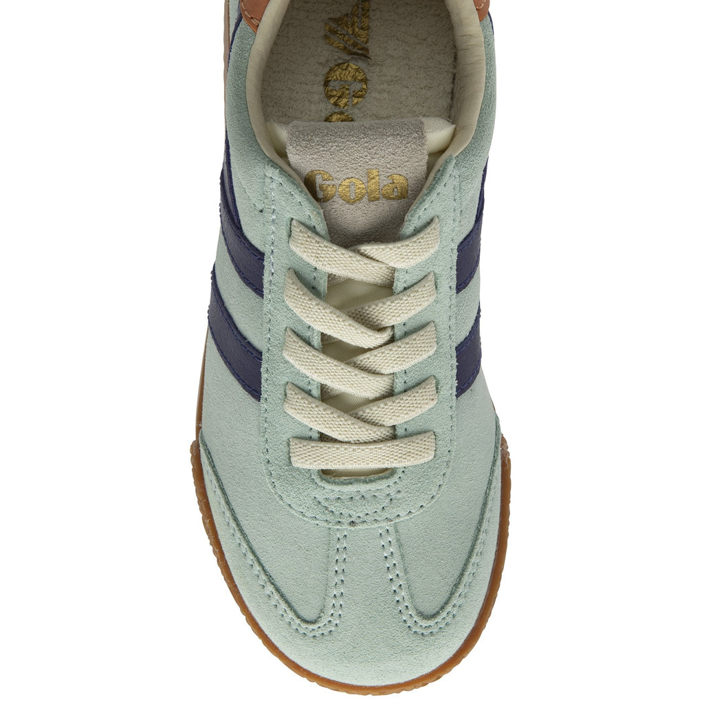 Top-down view of a pale blue Gola trainer with navy stripes and light laces.