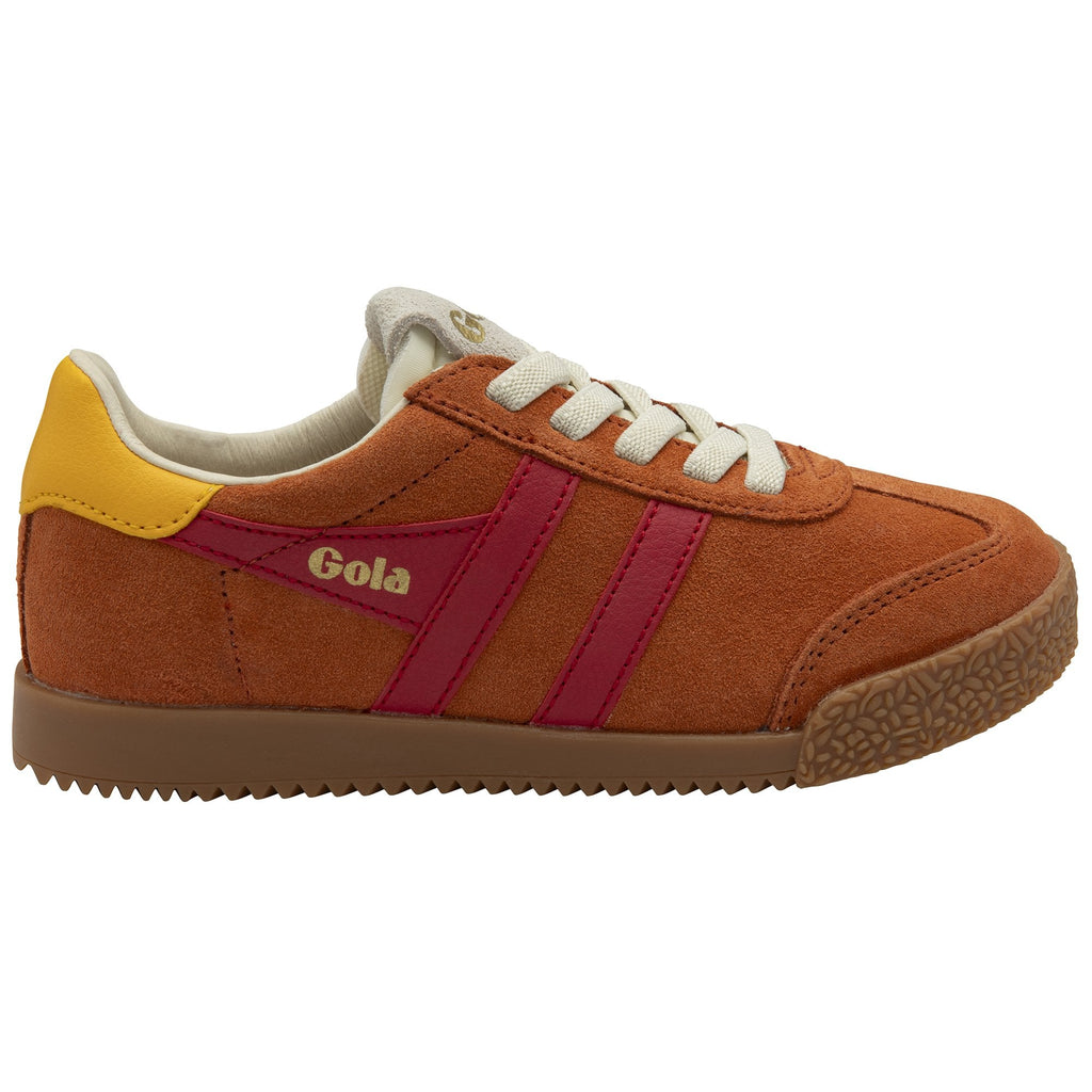 Side profile of an orange Gola men's shoe with red stripes and yellow trim.