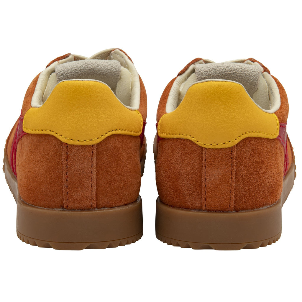 Rear view of a pair of orange Gola men's shoes with yellow trim.