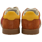 Rear view of a pair of orange Gola men's shoes with yellow trim.