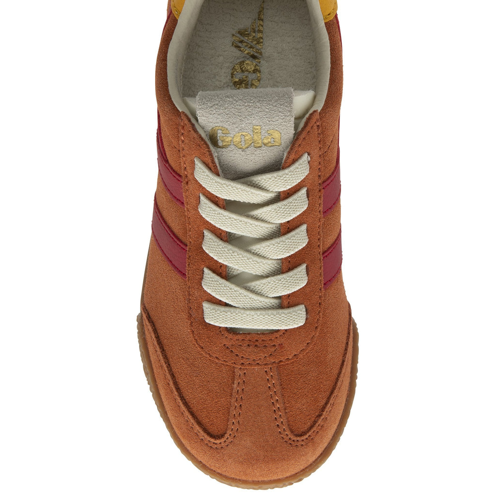 Top-down view of an orange Gola men's shoe with red stripes and white laces.