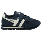 A side profile of a Gola Kids Harrier Strap shoe in navy blue and white, against a white background.