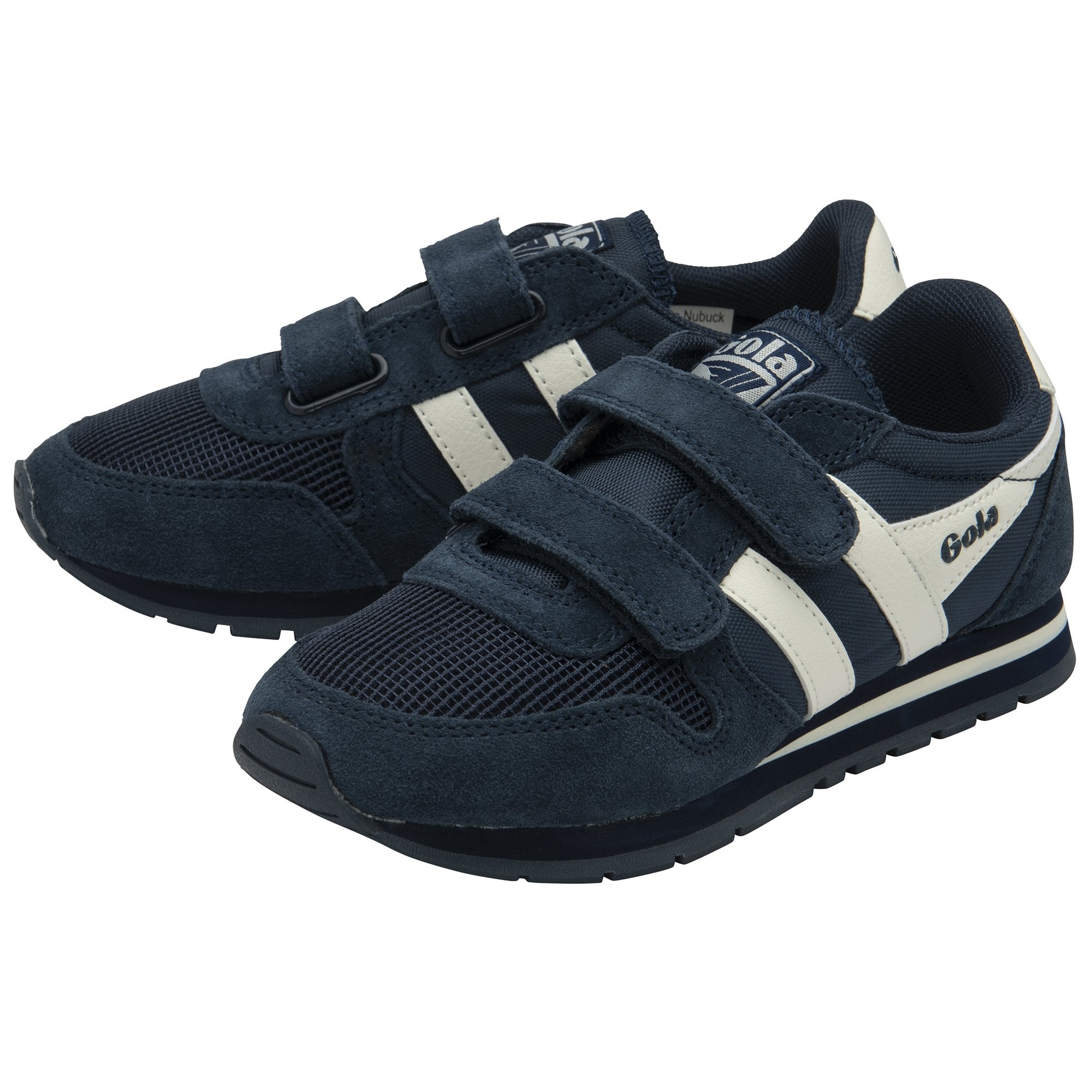 A pair of navy blue and white Gola Kids Harrier Strap shoes, against a white background.