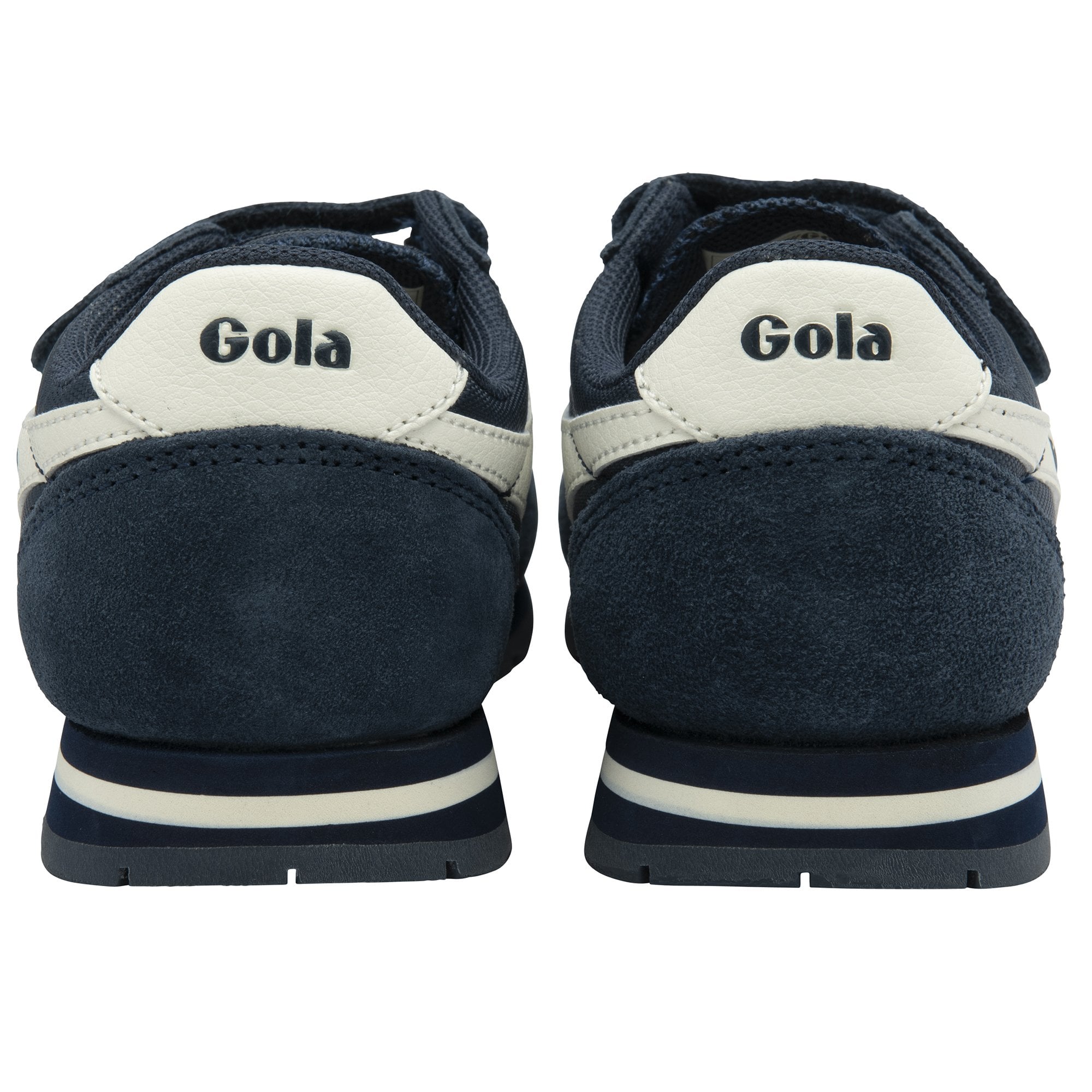 The back of a pair of Gola Kids Harrier Strap shoes in navy blue and white, against a white background.