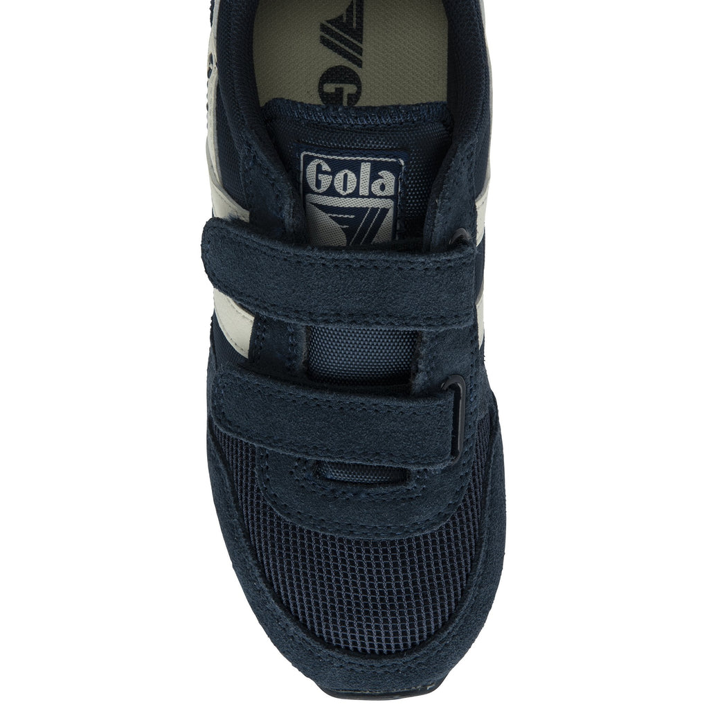 The top view of a Gola Kids Harrier Strap shoe in navy blue and white, against a white background.