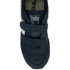 The top view of a Gola Kids Harrier Strap shoe in navy blue and white, against a white background.