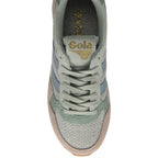 A top-down view of the Gola women's trainer, emphasizing the soft pastel green and pink toe.