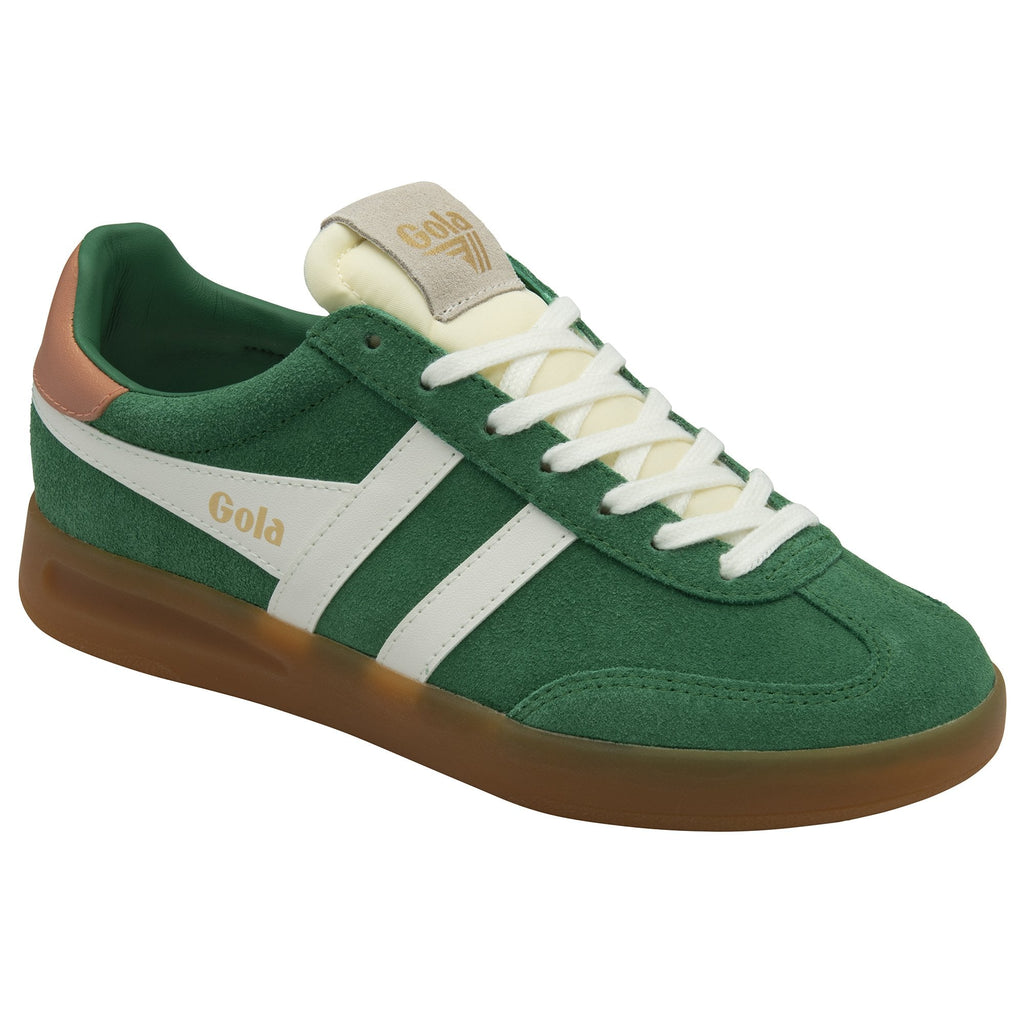 A green Gola sneaker with white stripes, a brown heel, and a gum sole, positioned for display.