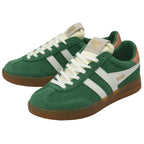 A pair of green Gola sneakers with white stripes, brown heels, and gum soles.