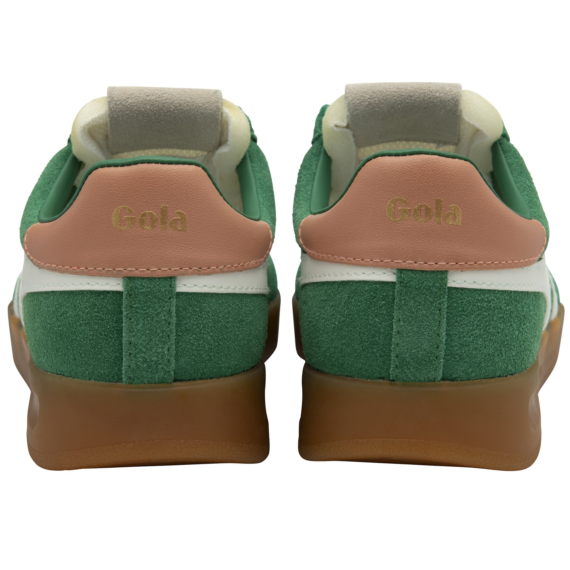 The rear view of two green Gola sneakers, showing their brown heels with 'Gola' branding.
