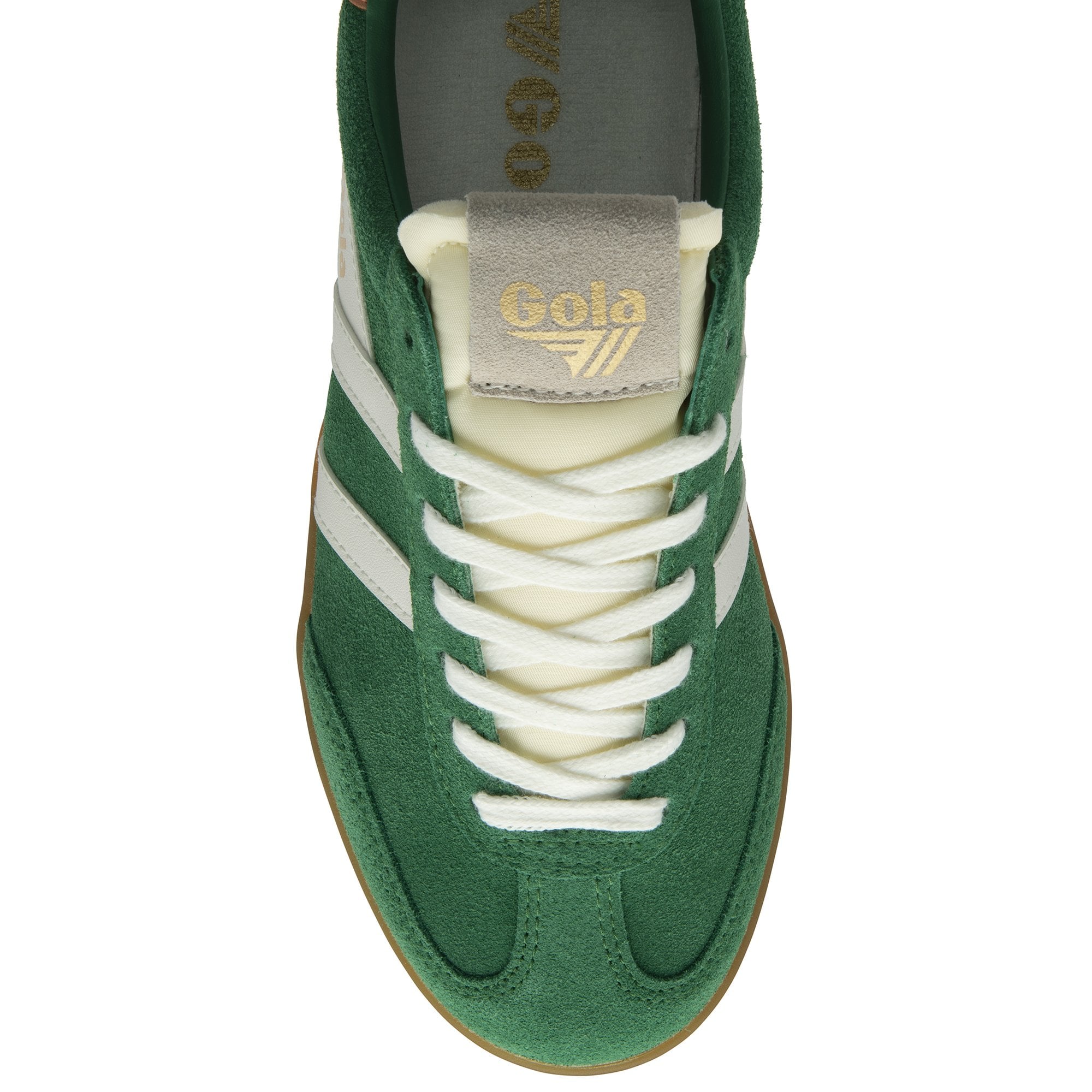 The top-down view of a green Gola sneaker, highlighting the laces and tongue branding.