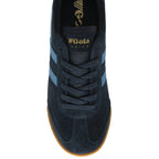 A single Gola Harvard shoe, blue suede with light blue stripes and a gum sole, shown from above.