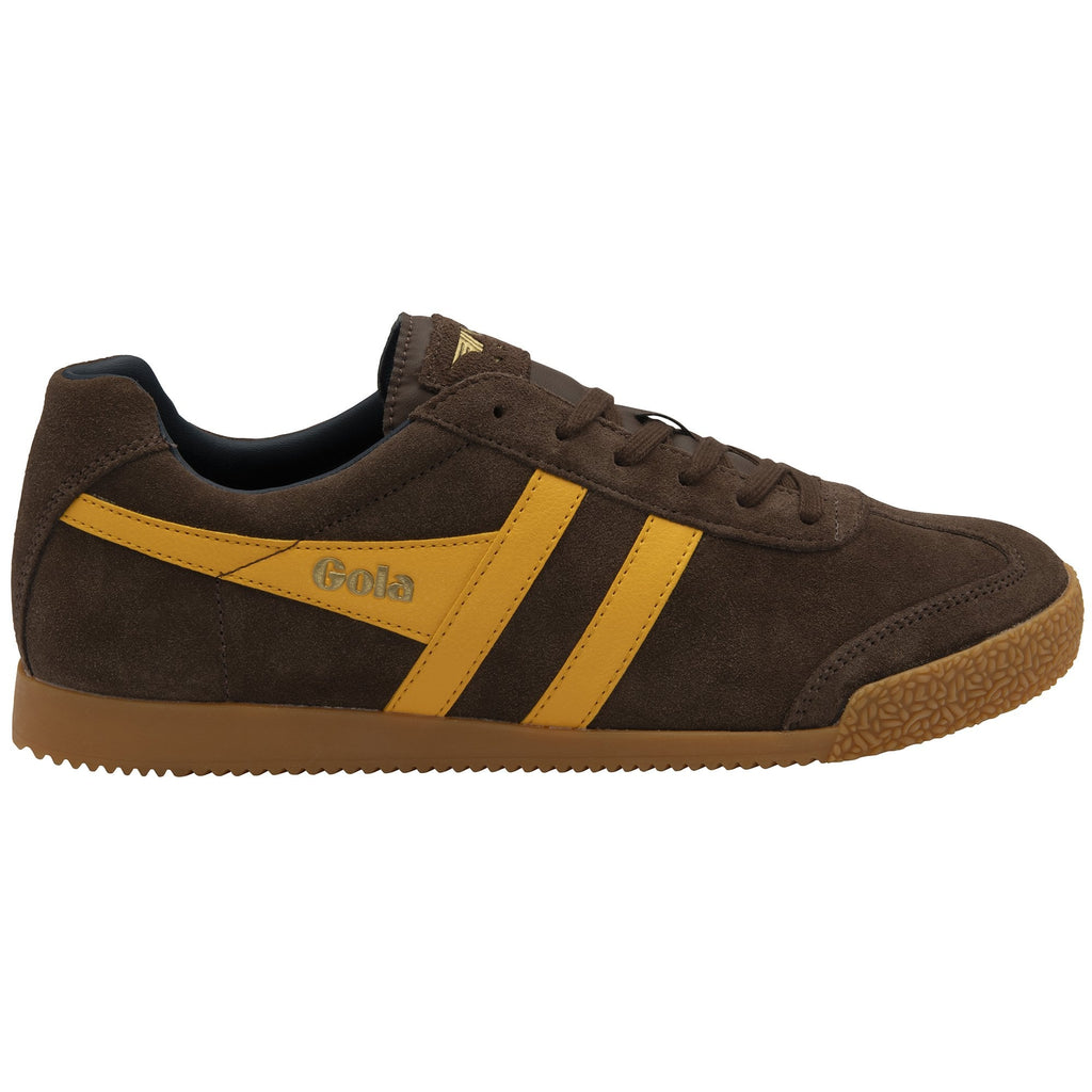 Brown Gola men's shoes with yellow stripes, side view, on a white background.