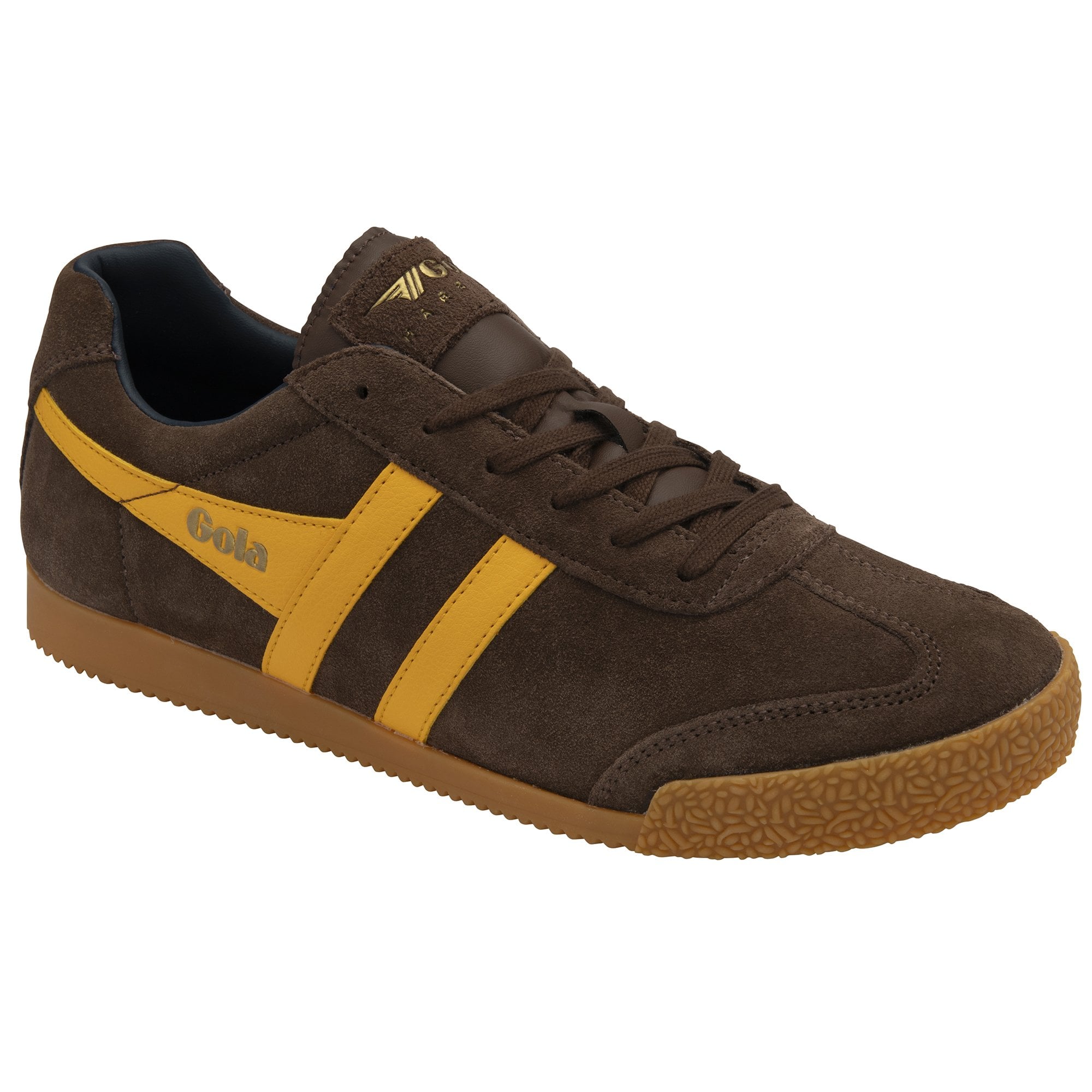 Brown Gola men's shoes with yellow stripes, front side view, on a white background.