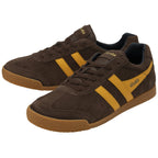 Pair of brown Gola men's shoes with yellow stripes, angled view, on white background.