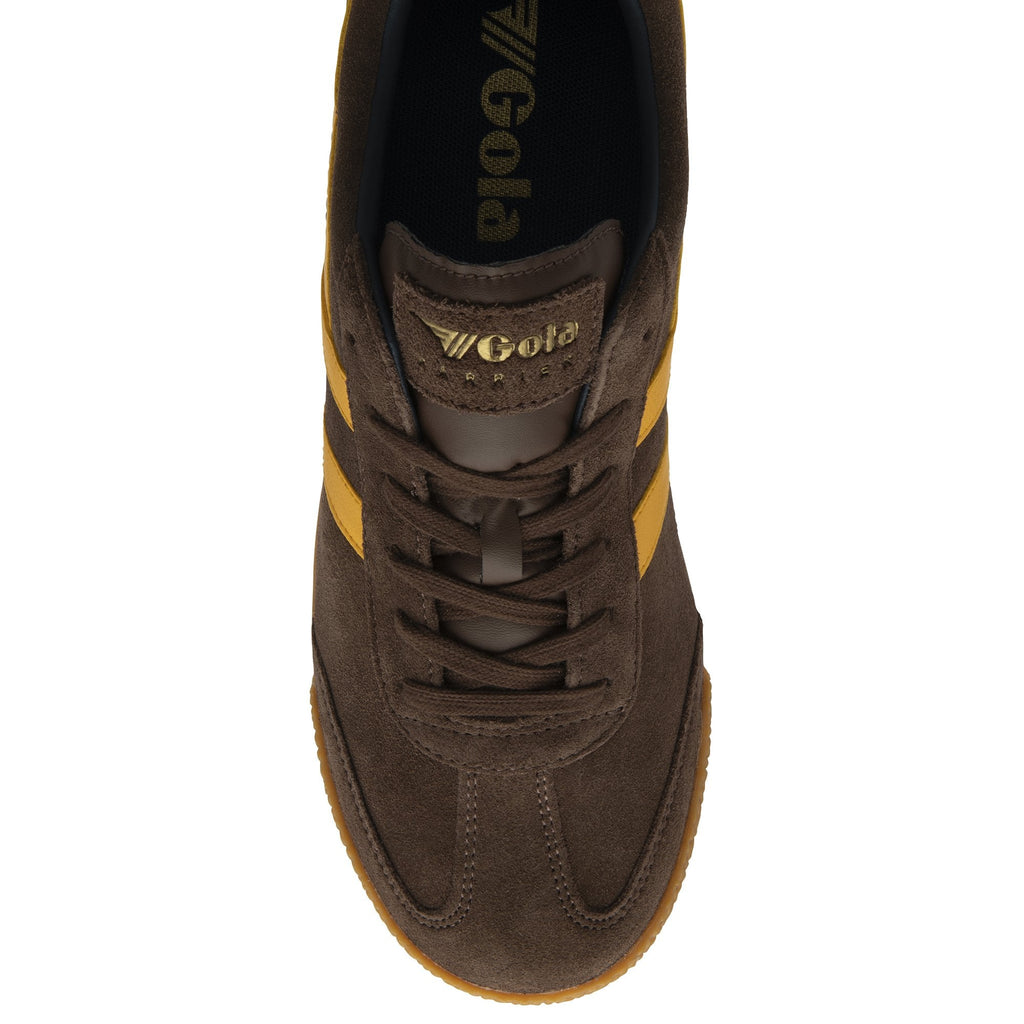 Top down view of a brown Gola men's shoe with yellow stripes.