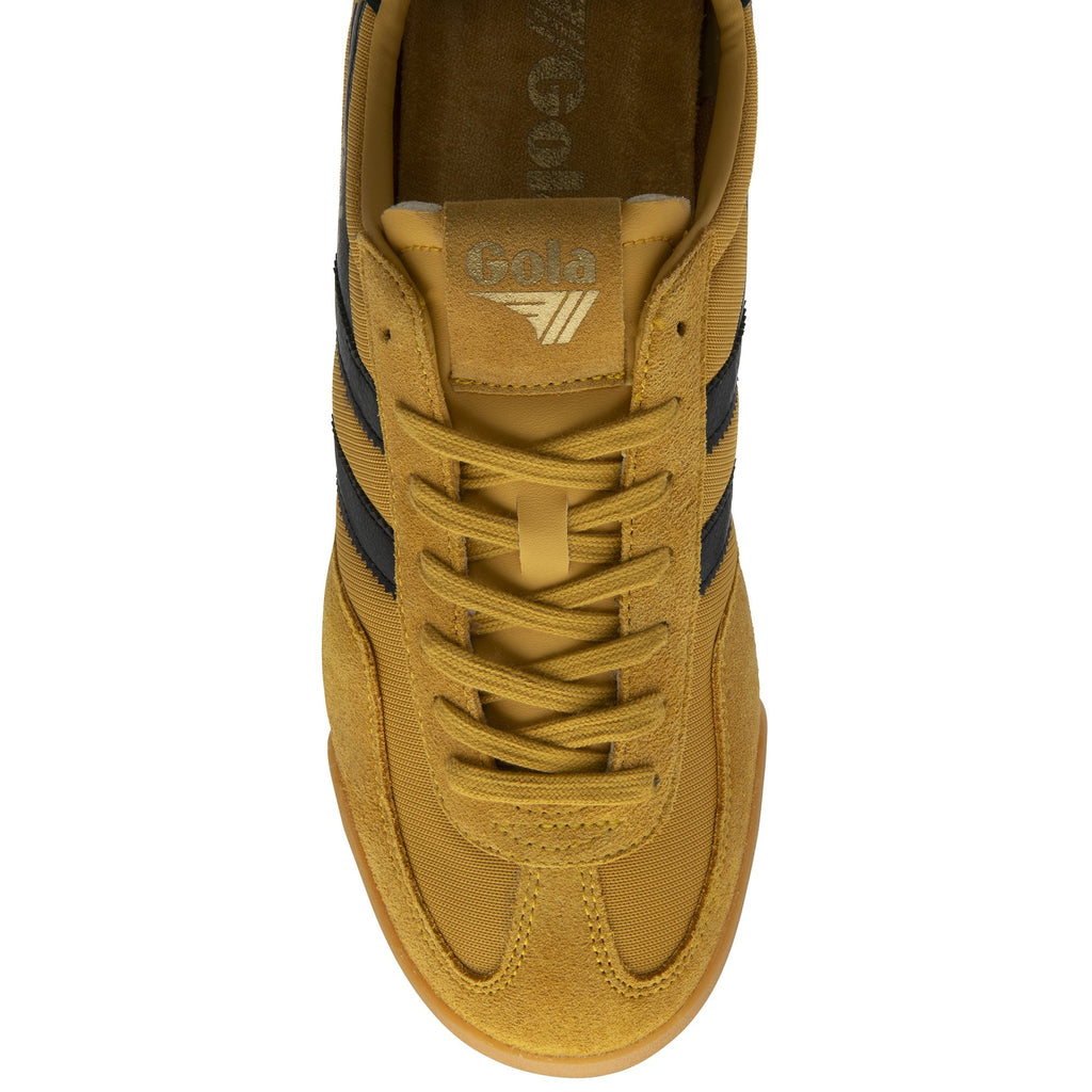Top-down view of a Gola Harrier suede trainer in sun/black/gum, showing the toe and laces.