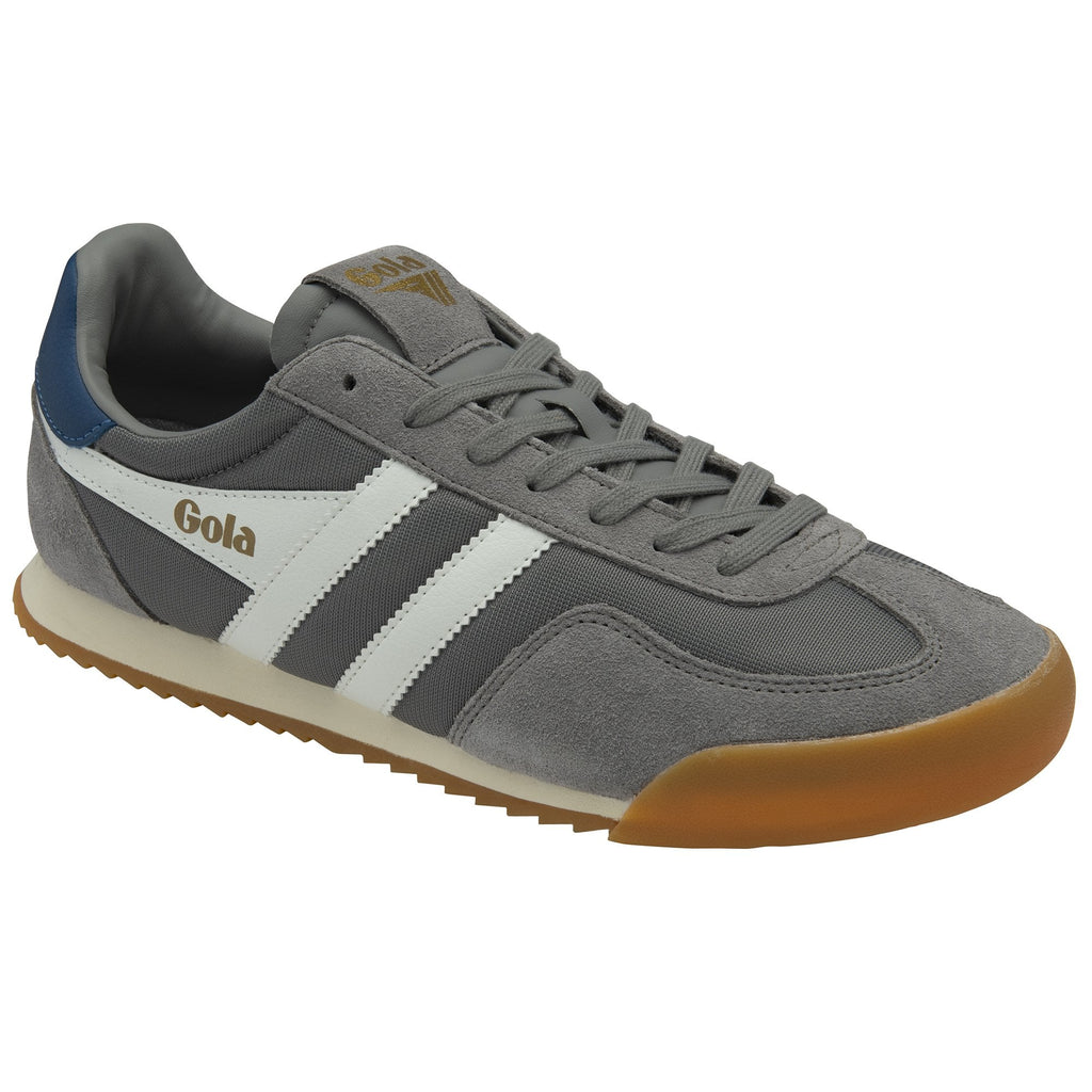 A grey Gola sneaker with white stripes and a blue heel accent, slightly angled on a white background.