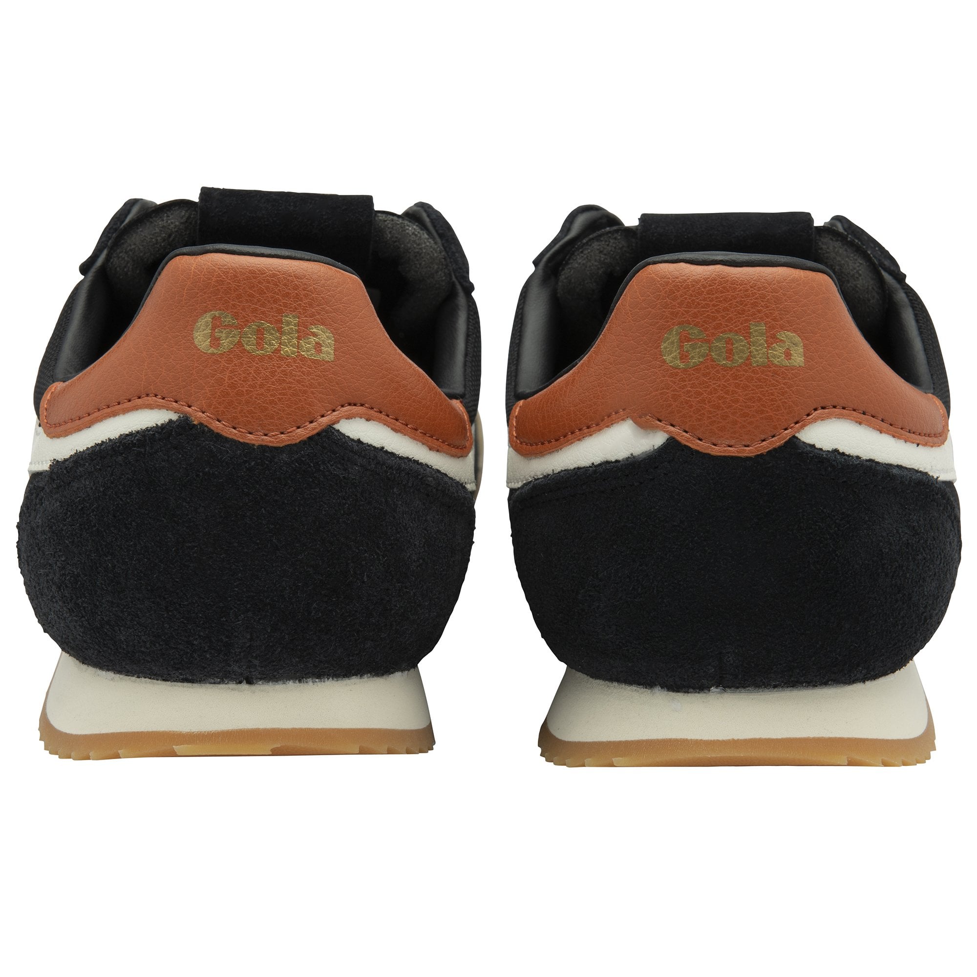 The backs of two black Gola trainers showing brown heel accents and gold logos. 