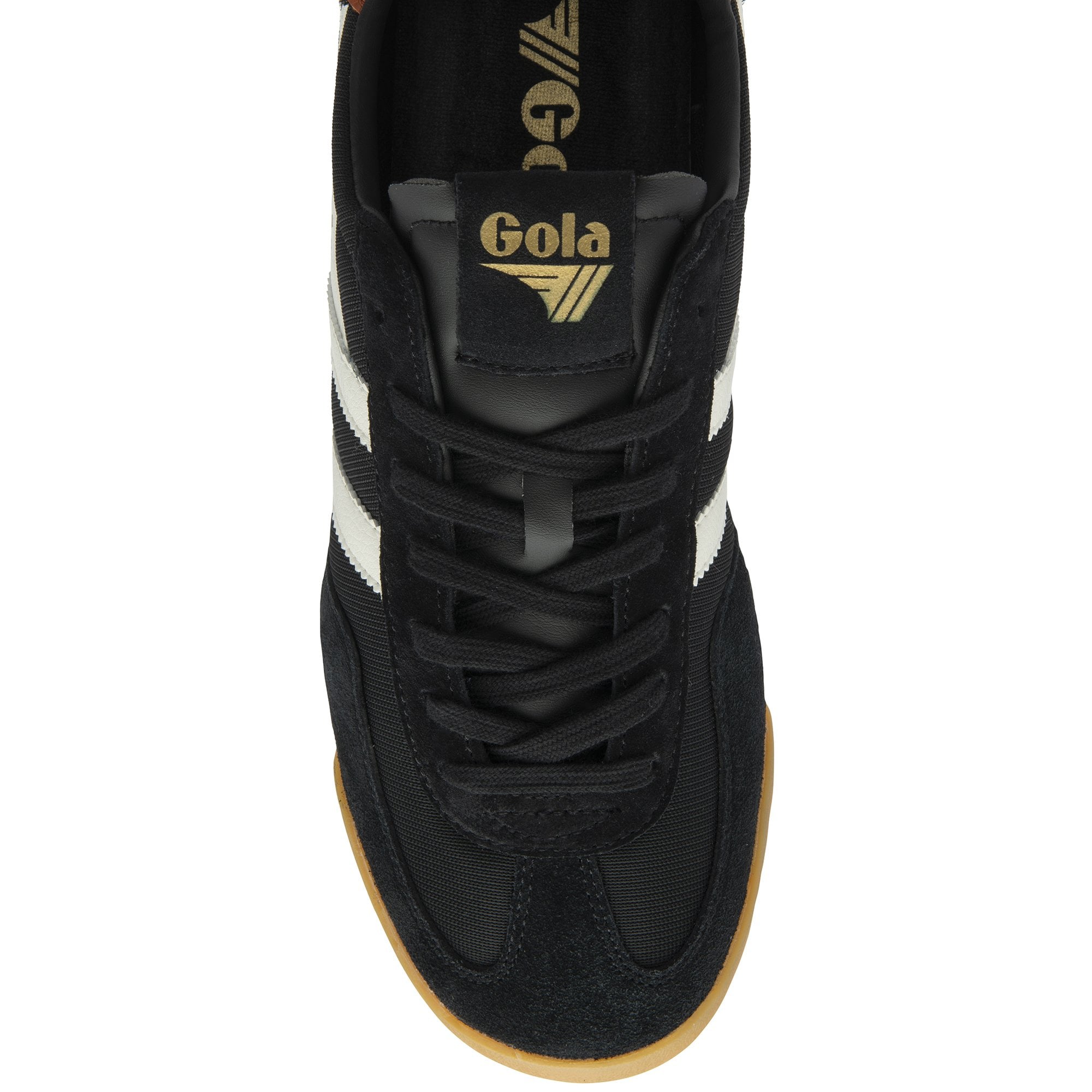 A top-down view of a black Gola trainer with white stripes and a gold logo on the tongue.