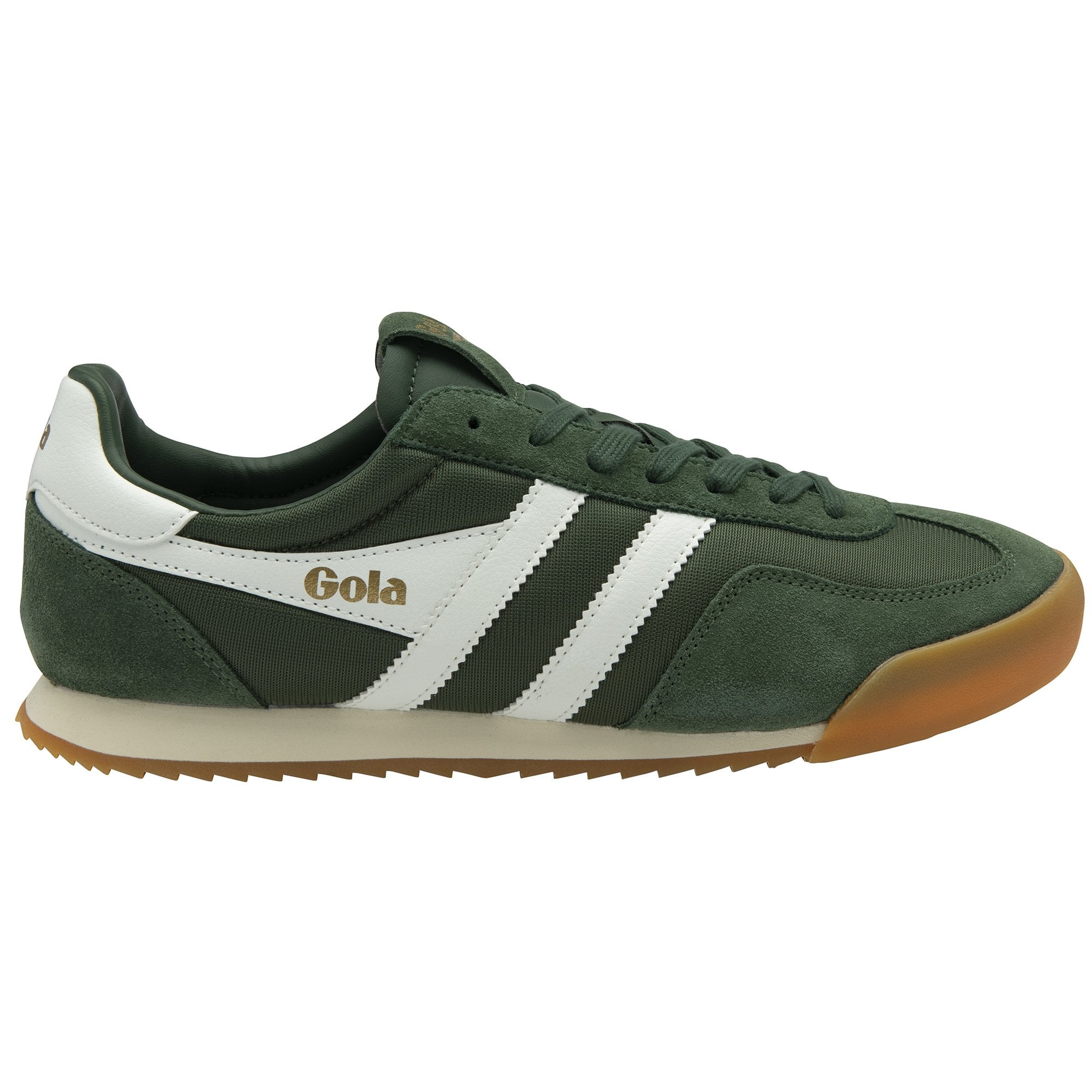 Side profile of a single forest green Gola trainer with white stripes and brown sole.